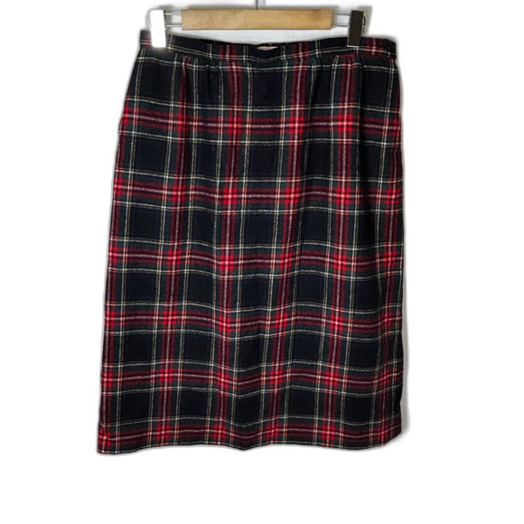 Vintage 80s Pendleton Black Red Tartan Plaid Wool A-Line Midi Skirt Size 16 - Picture 3 of 13